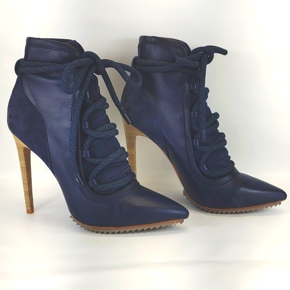 L.A.M.B navy blue leather lace up booties